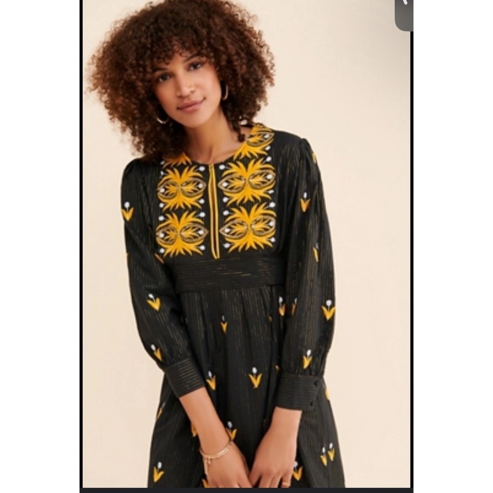 Anthro Indi Boho Statement Wmns Small Embroidered Belted Blk Yellow Maxi Dress